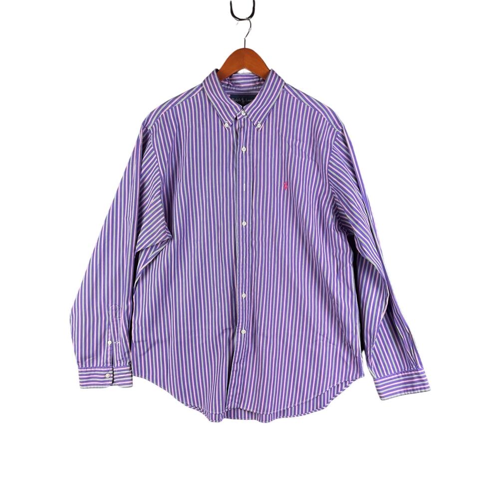 Polo Ralph Lauren Button Up Dress Shirt Striped Vintage Purple Pink Mens XL EUC